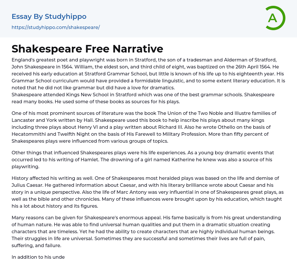 Shakespeare Free Narrative Essay Example