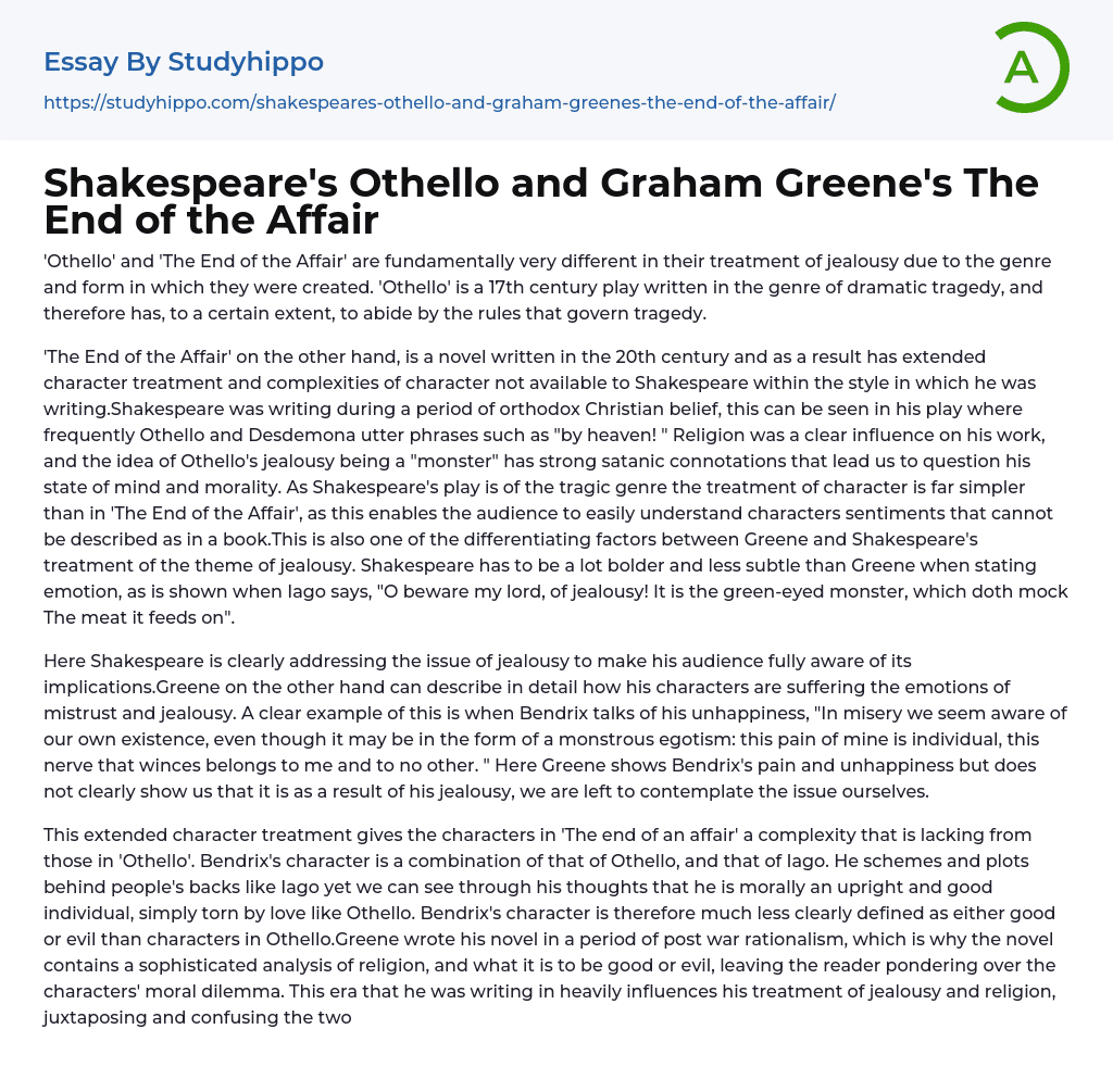 Shakespeare’s Othello and Graham Greene’s The End of the Affair Essay Example