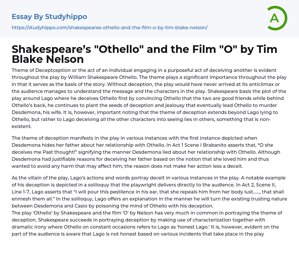 Shakespeare’s “Othello” and the Film “O” by Tim Blake Nelson Essay Example