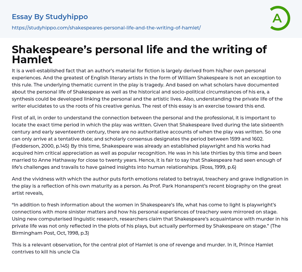 Shakespeare’s personal life and the writing of Hamlet Essay Example