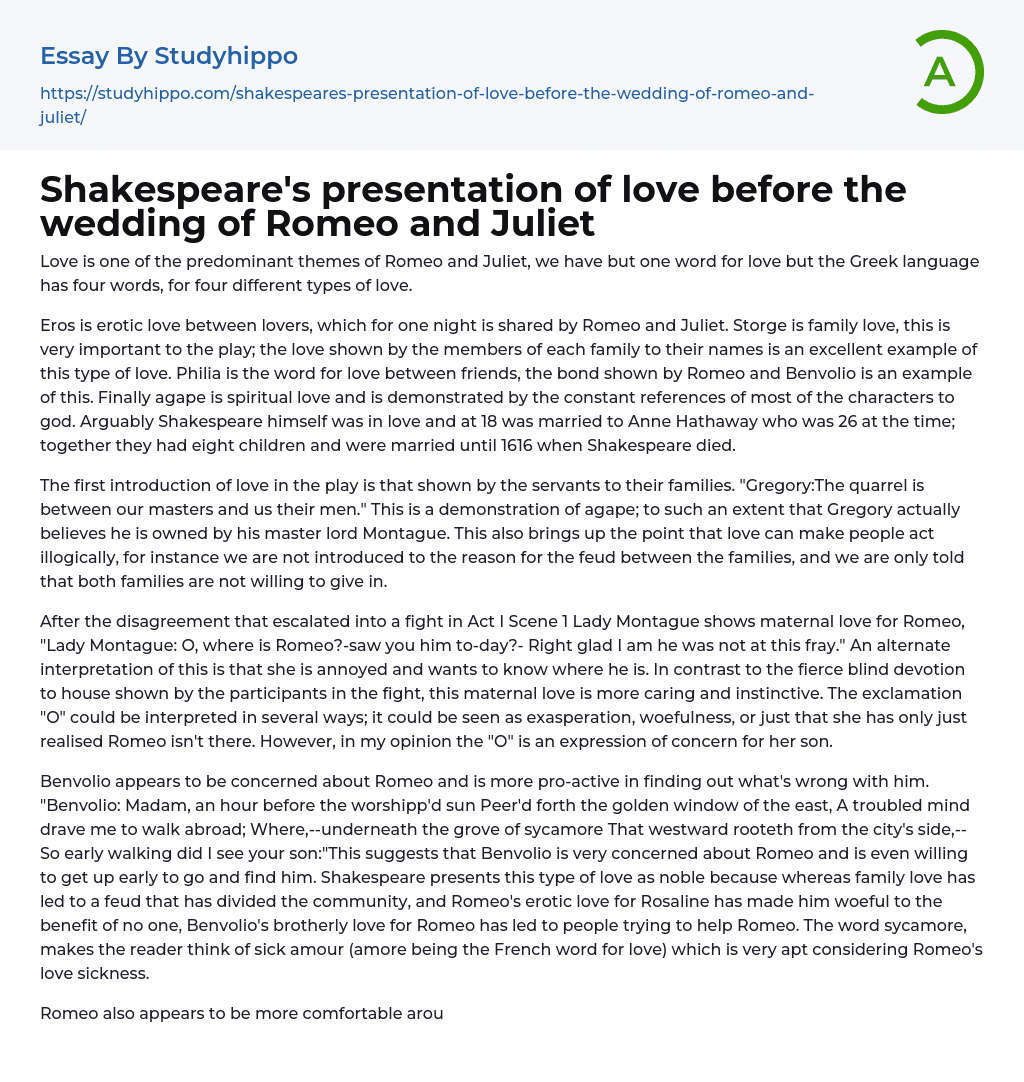 Shakespeare’s presentation of love before the wedding of Romeo and Juliet Essay Example
