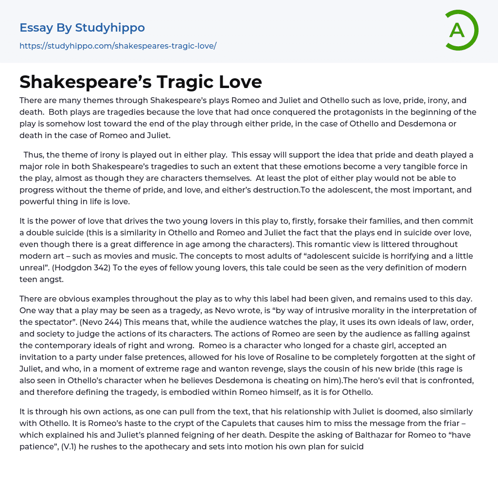 Shakespeare’s Tragic Love Essay Example