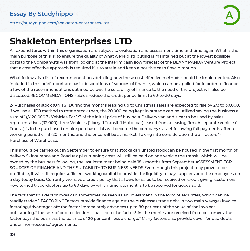 Shakleton Enterprises LTD Essay Example