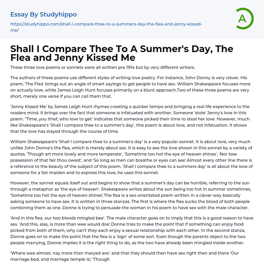 Shall I Compare Thee To A Summer’s Day, The Flea and Jenny Kissed Me Essay Example