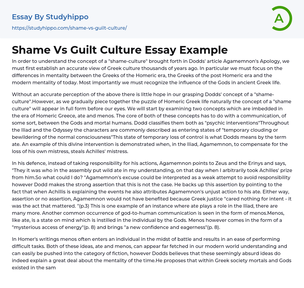 Shame Vs Guilt Culture Essay Example
