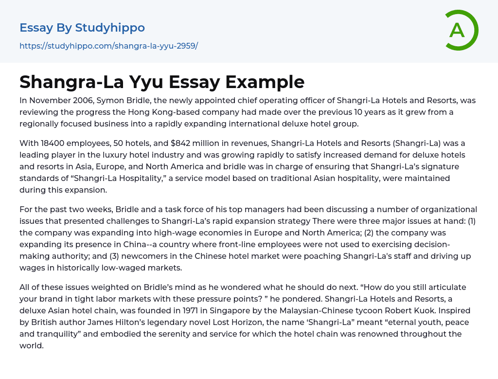 Shangra-La Yyu Essay Example