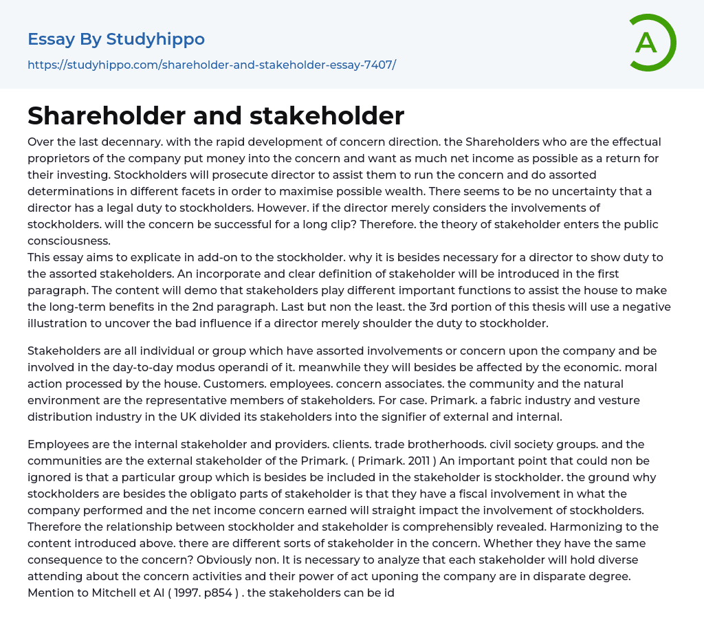 Shareholder and stakeholder Essay Example