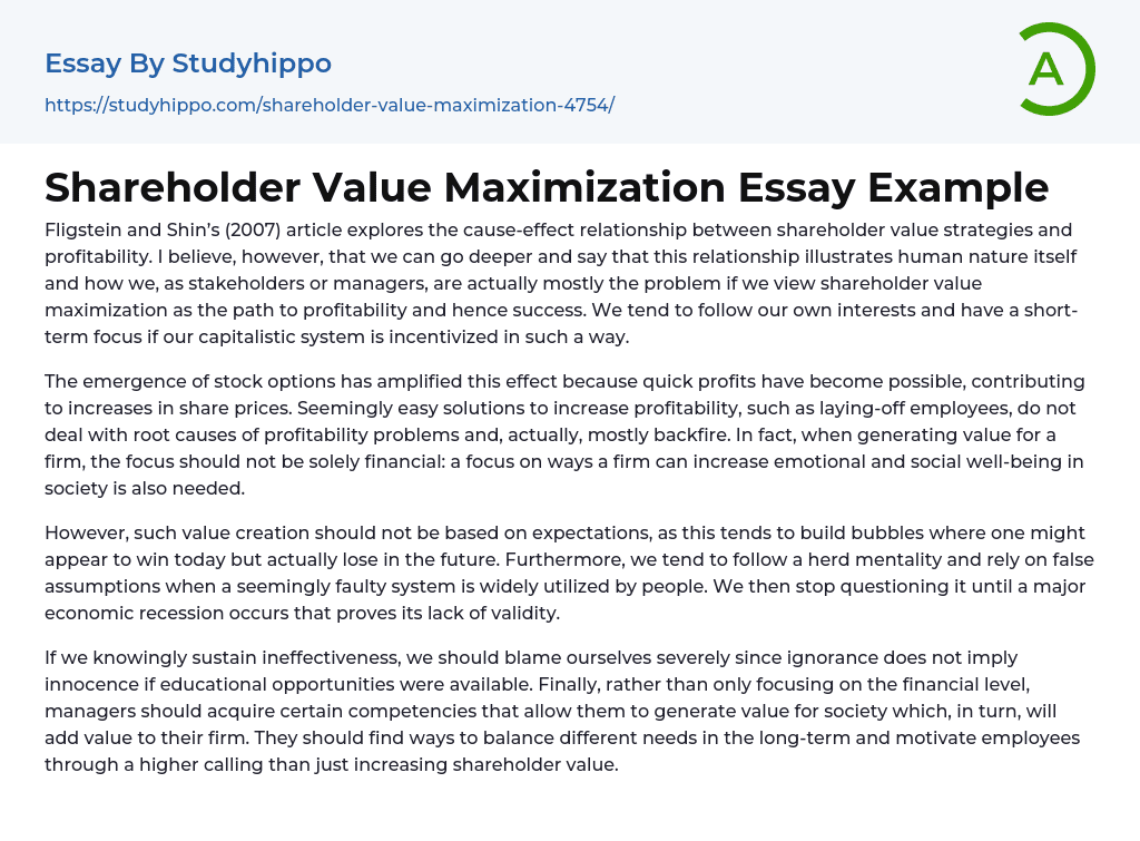 Shareholder Value Maximization Essay Example