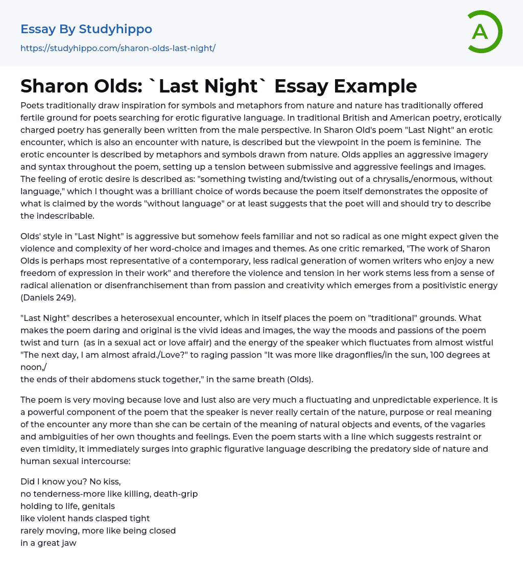 Sharon Olds: `Last Night` Essay Example