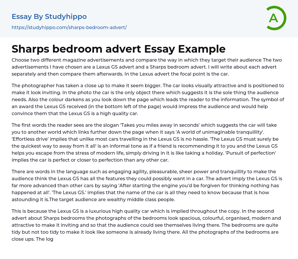 Sharps bedroom advert Essay Example