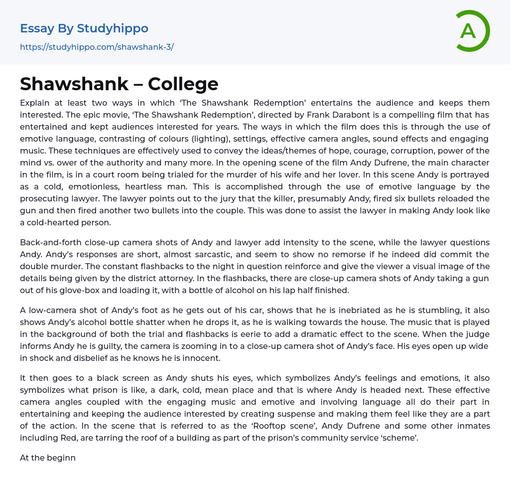 Shawshank – College Essay Example