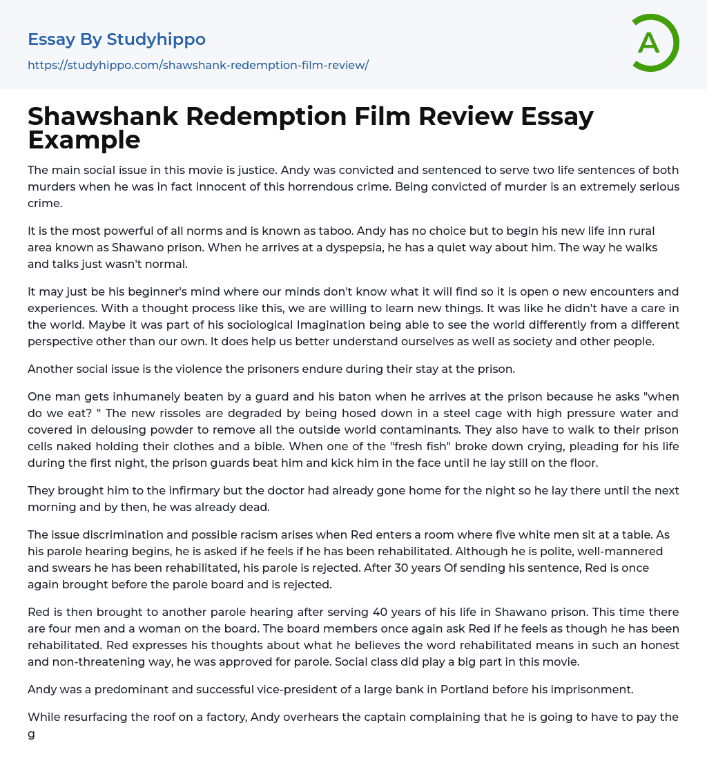 Shawshank Redemption Film Review Essay Example