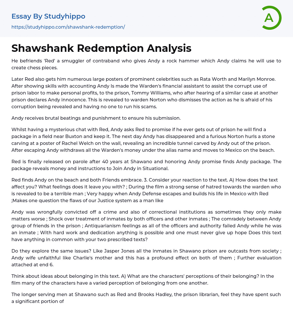 Shawshank Redemption Analysis Essay Example