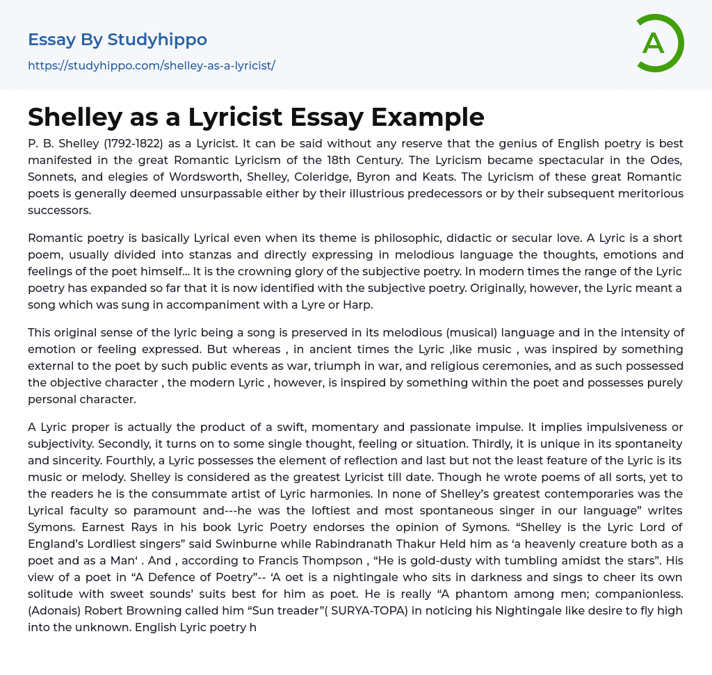 Shelley as a Lyricist Essay Example