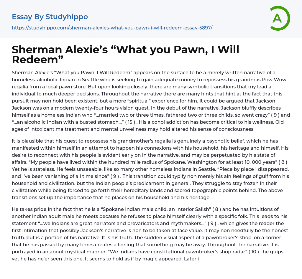 Sherman Alexie’s “What you Pawn, I Will Redeem” Essay Example