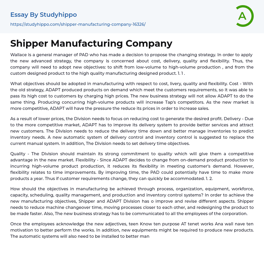 Shipper Manufacturing Company Essay Example