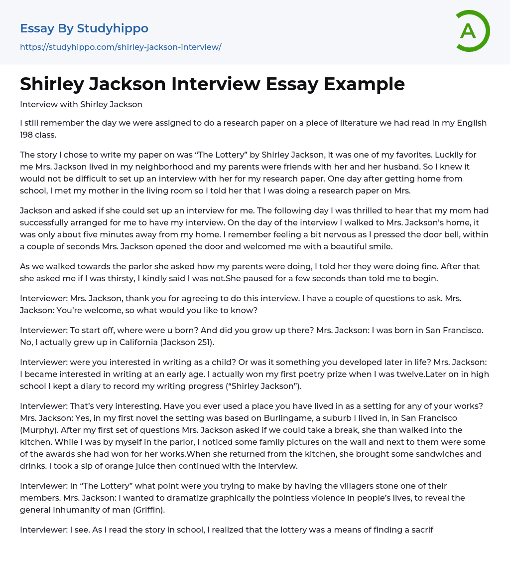 Shirley Jackson Interview Essay Example