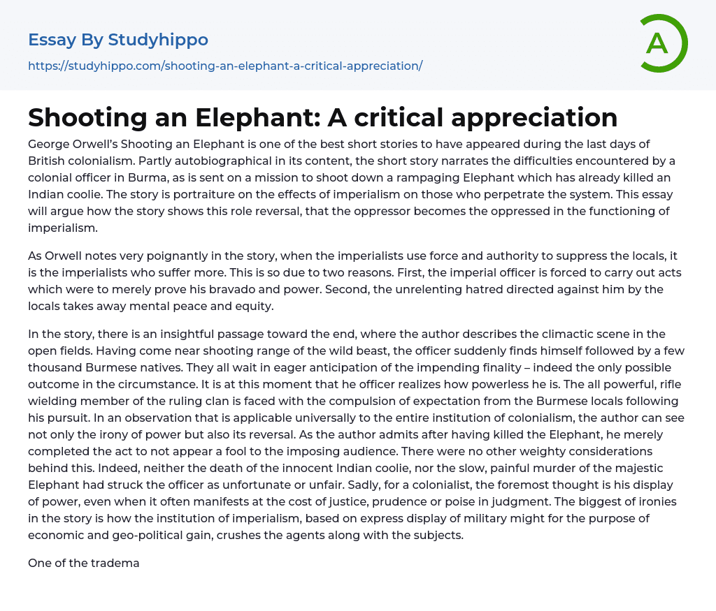 Shooting an Elephant: A critical appreciation Essay Example