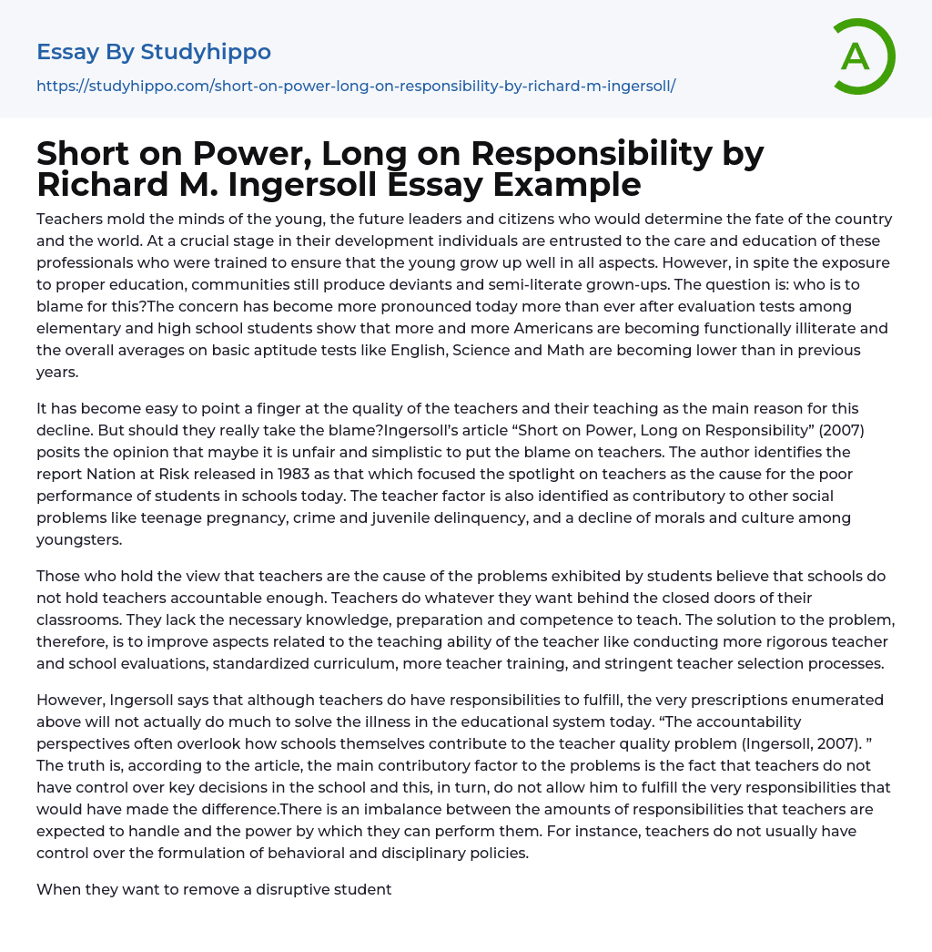 Short on Power, Long on Responsibility by Richard M. Ingersoll Essay Example
