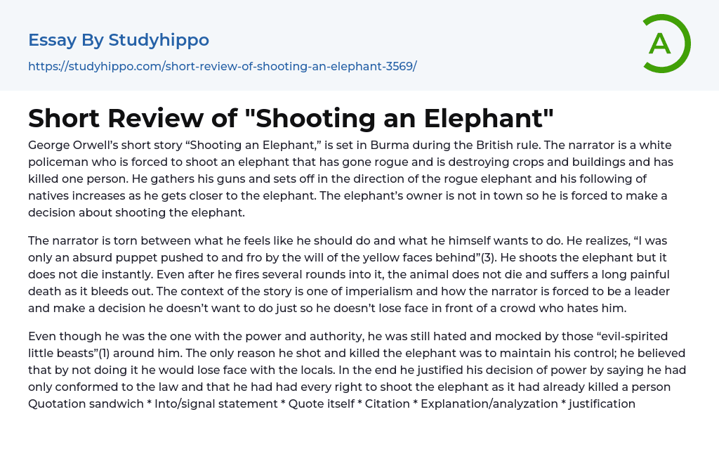 Short Review of “Shooting an Elephant” Essay Example