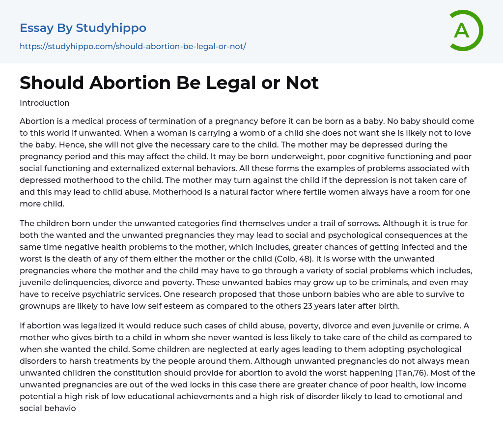 Should Abortion Be Legal or Not Essay Example