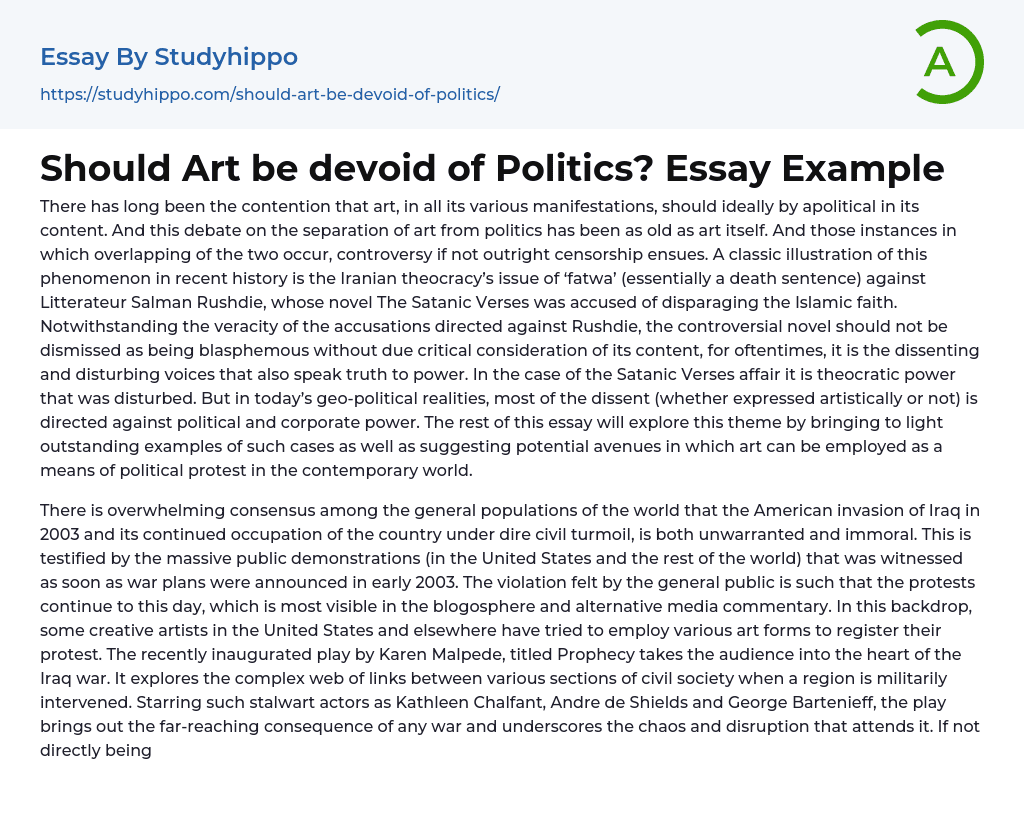 Should Art be devoid of Politics? Essay Example