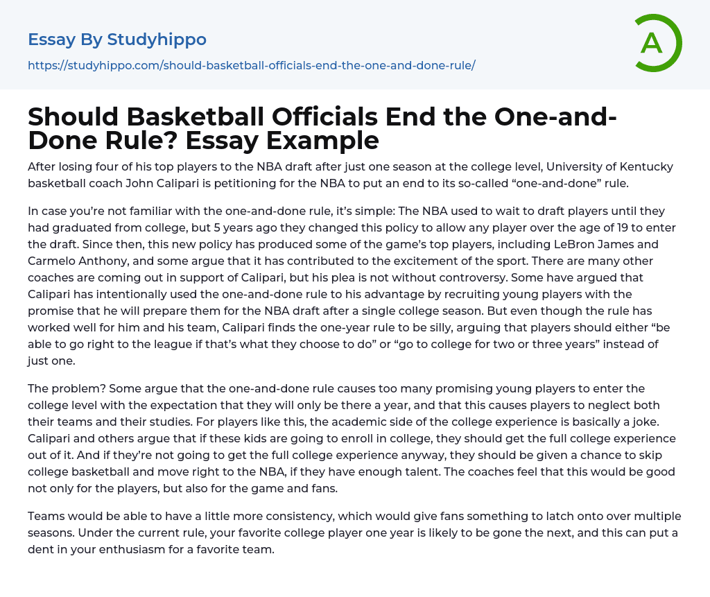 Should Basketball Officials End the One-and-Done Rule? Essay Example