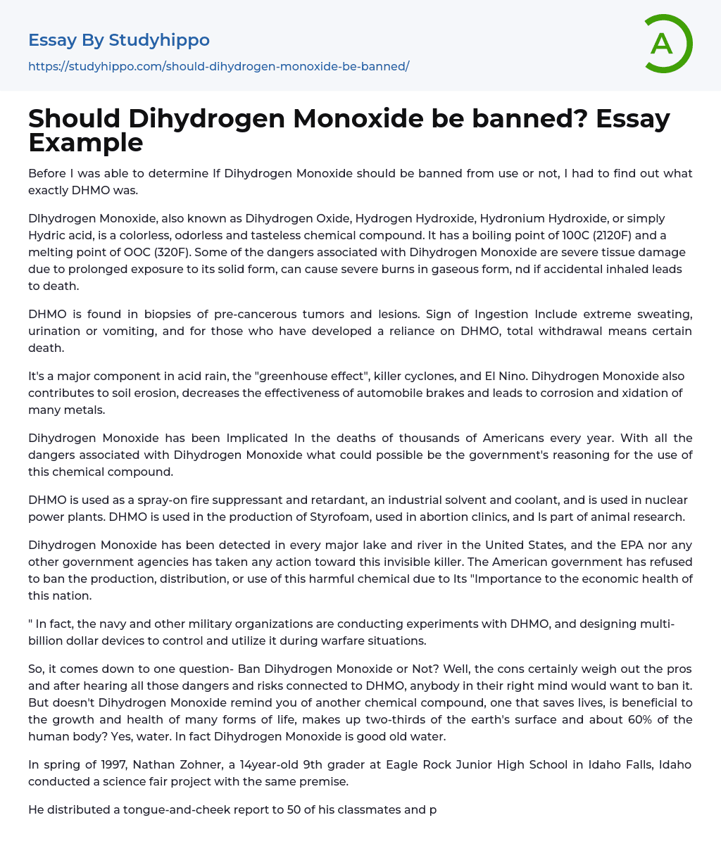 Should Dihydrogen Monoxide be banned? Essay Example