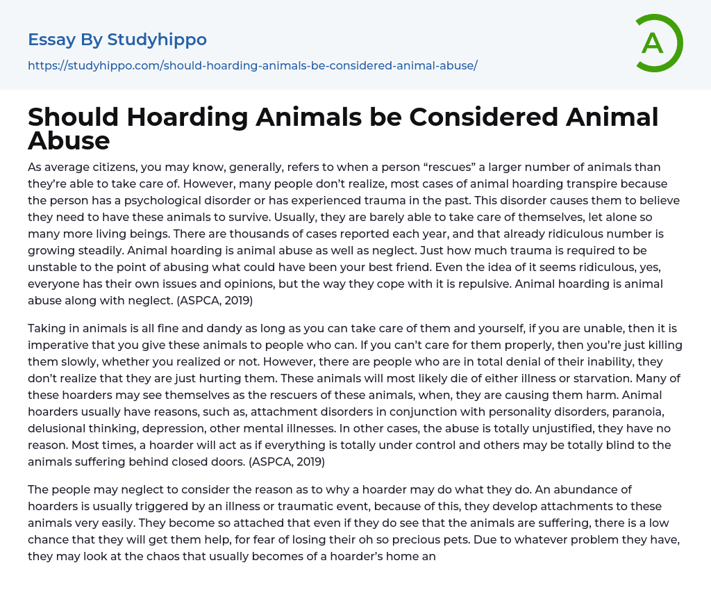Should Hoarding Animals be Considered Animal Abuse Essay Example