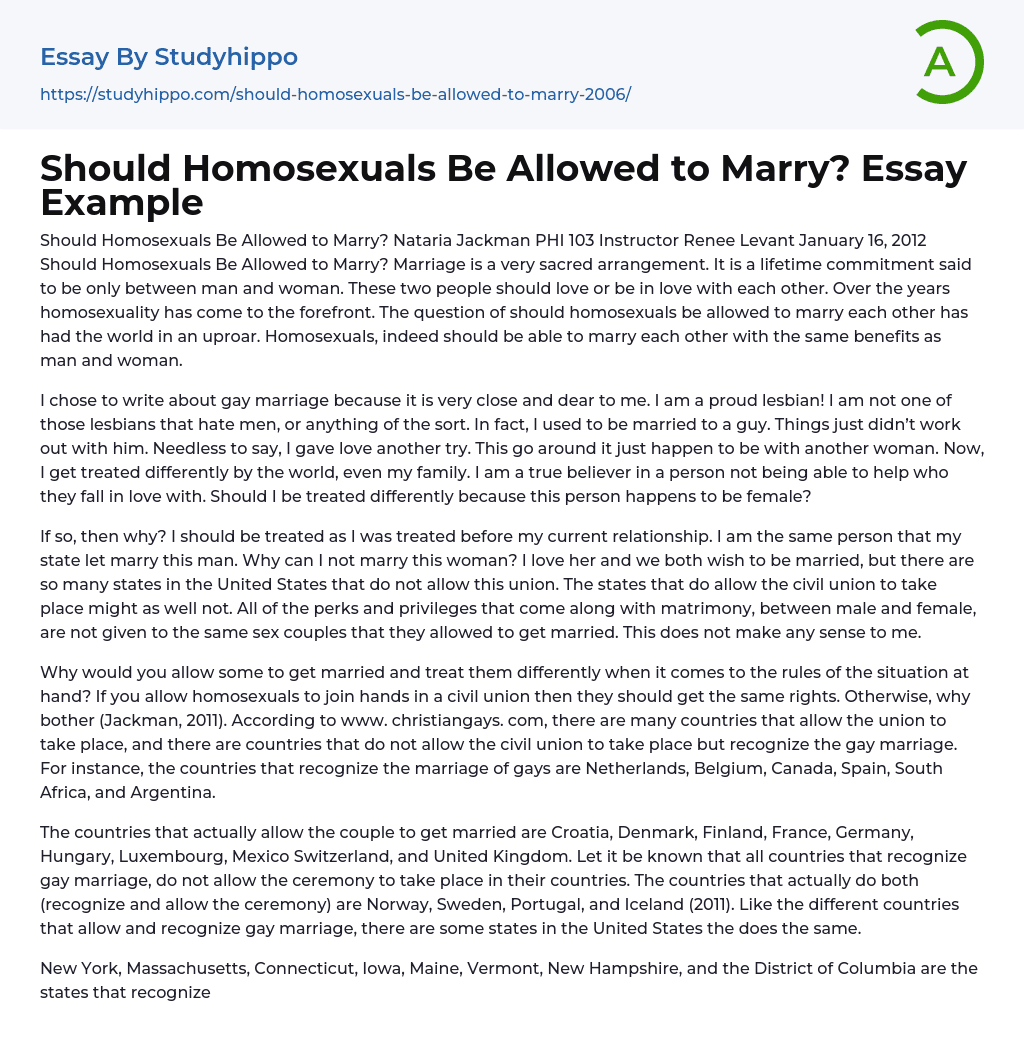Should Homosexuals Be Allowed to Marry? Essay Example