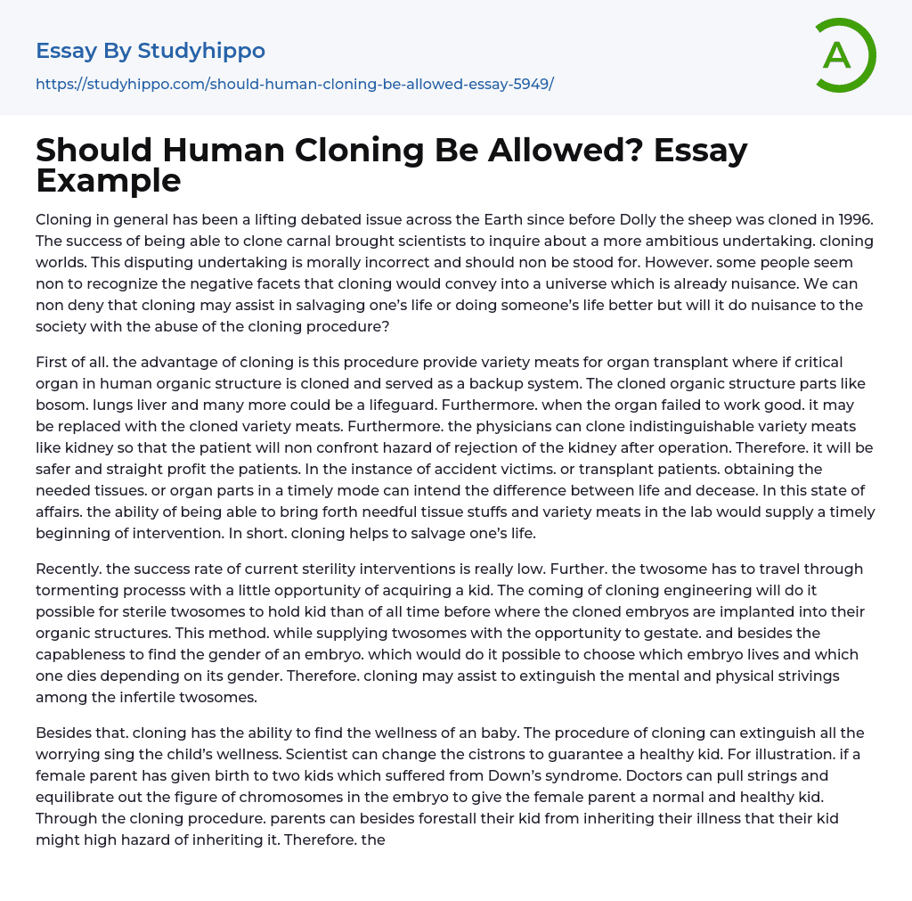 Should Human Cloning Be Allowed? Essay Example
