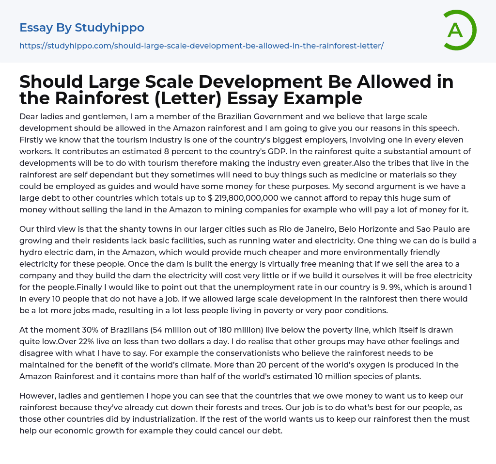 Should Large Scale Development Be Allowed in the Rainforest (Letter) Essay Example