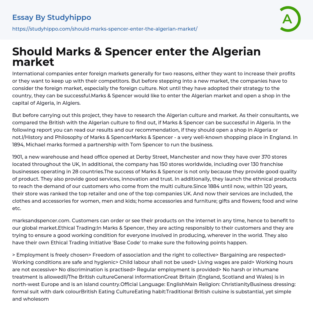Should Marks & Spencer enter the Algerian market Essay Example