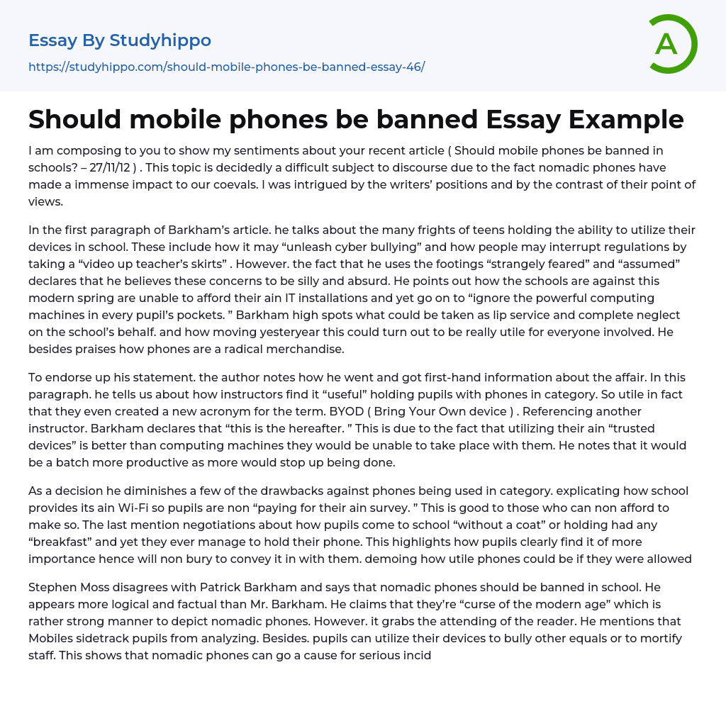 Should mobile phones be banned Essay Example