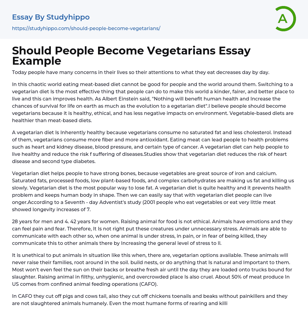 Should People Become Vegetarians Essay Example