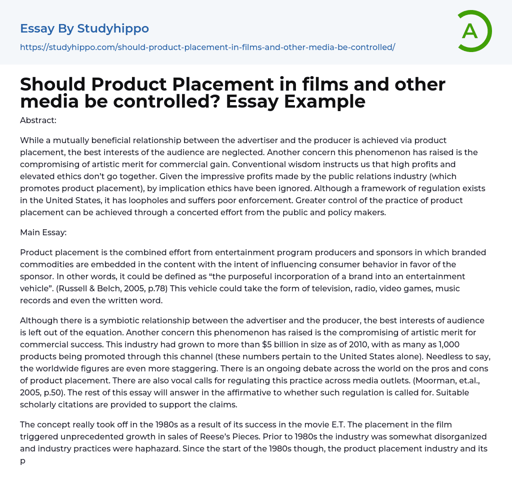 Should Product Placement in films and other media be controlled? Essay Example