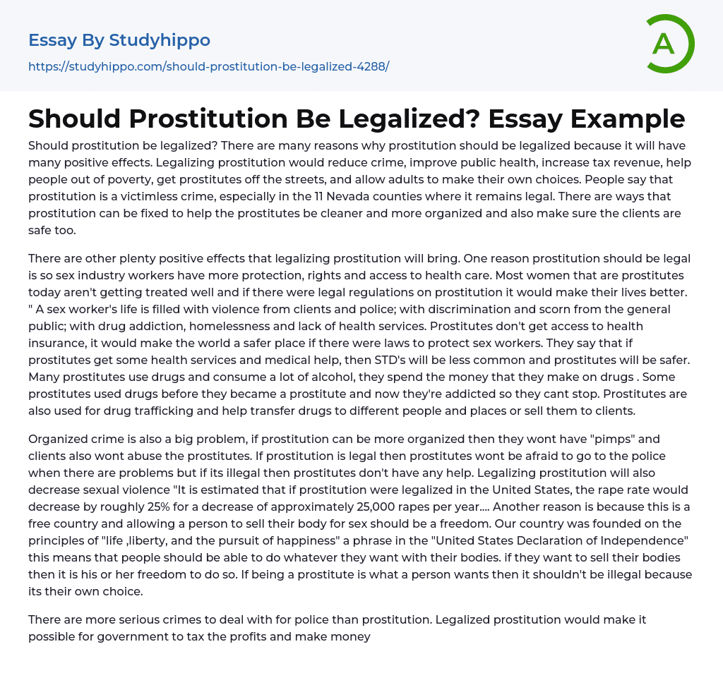 Should Prostitution Be Legalized? Essay Example