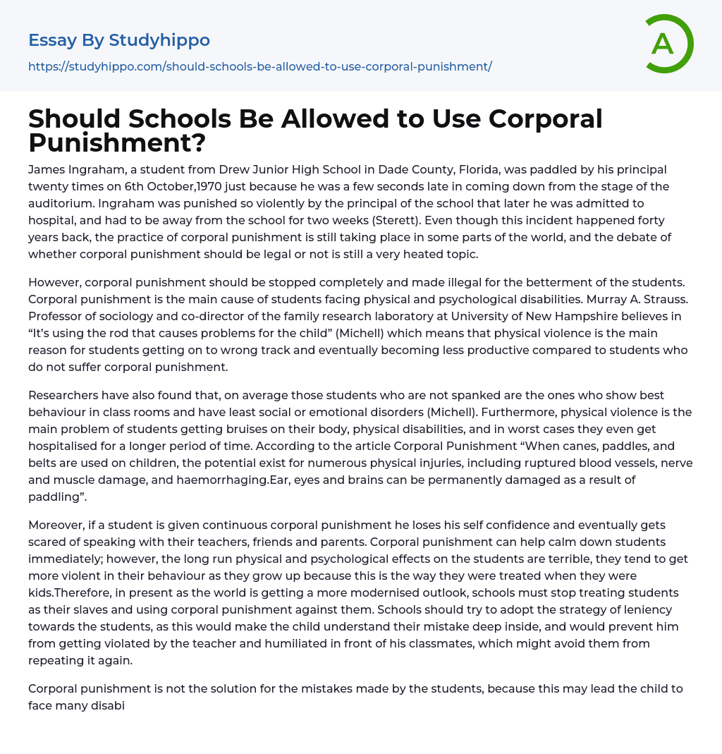 Should Schools Be Allowed to Use Corporal Punishment? Essay Example