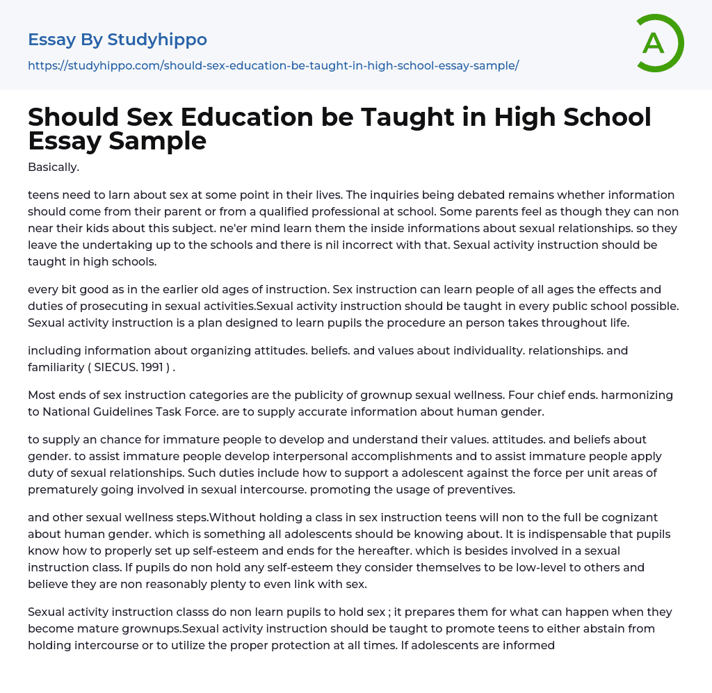 Should Sex Education be Taught in High School Essay Sample