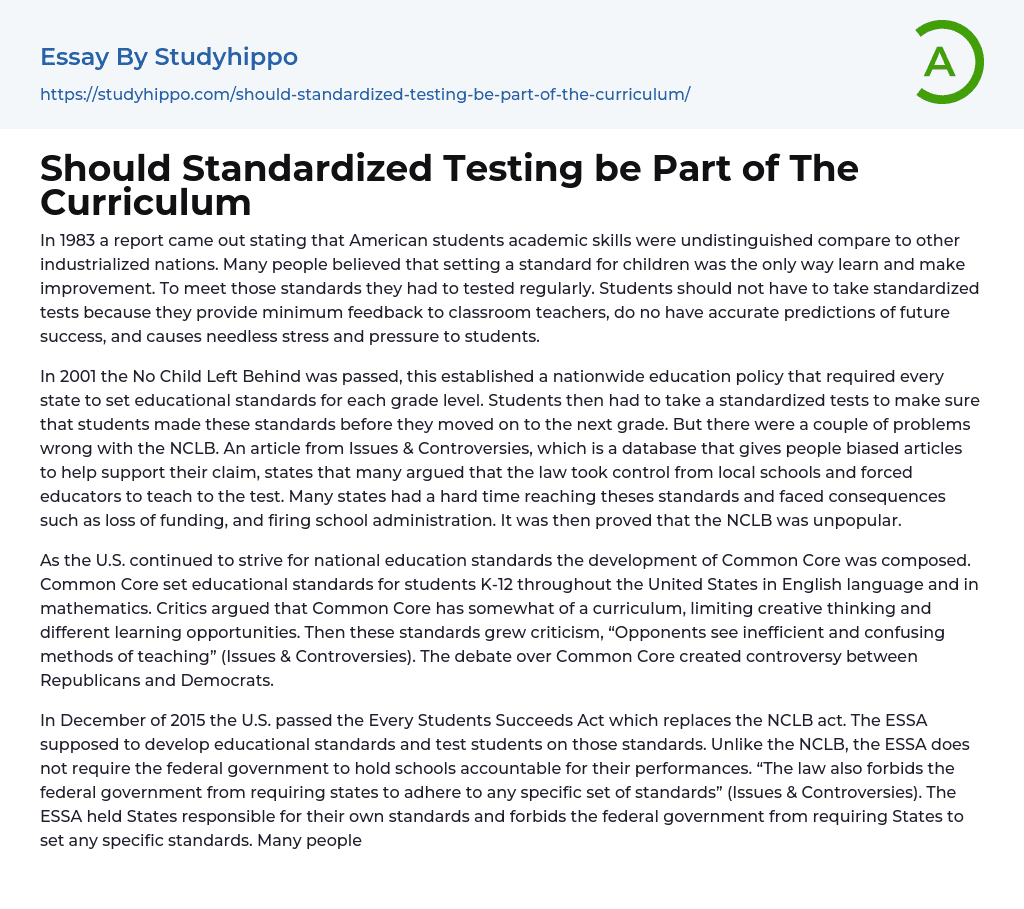 Should Standardized Testing be Part of The Curriculum Essay Example