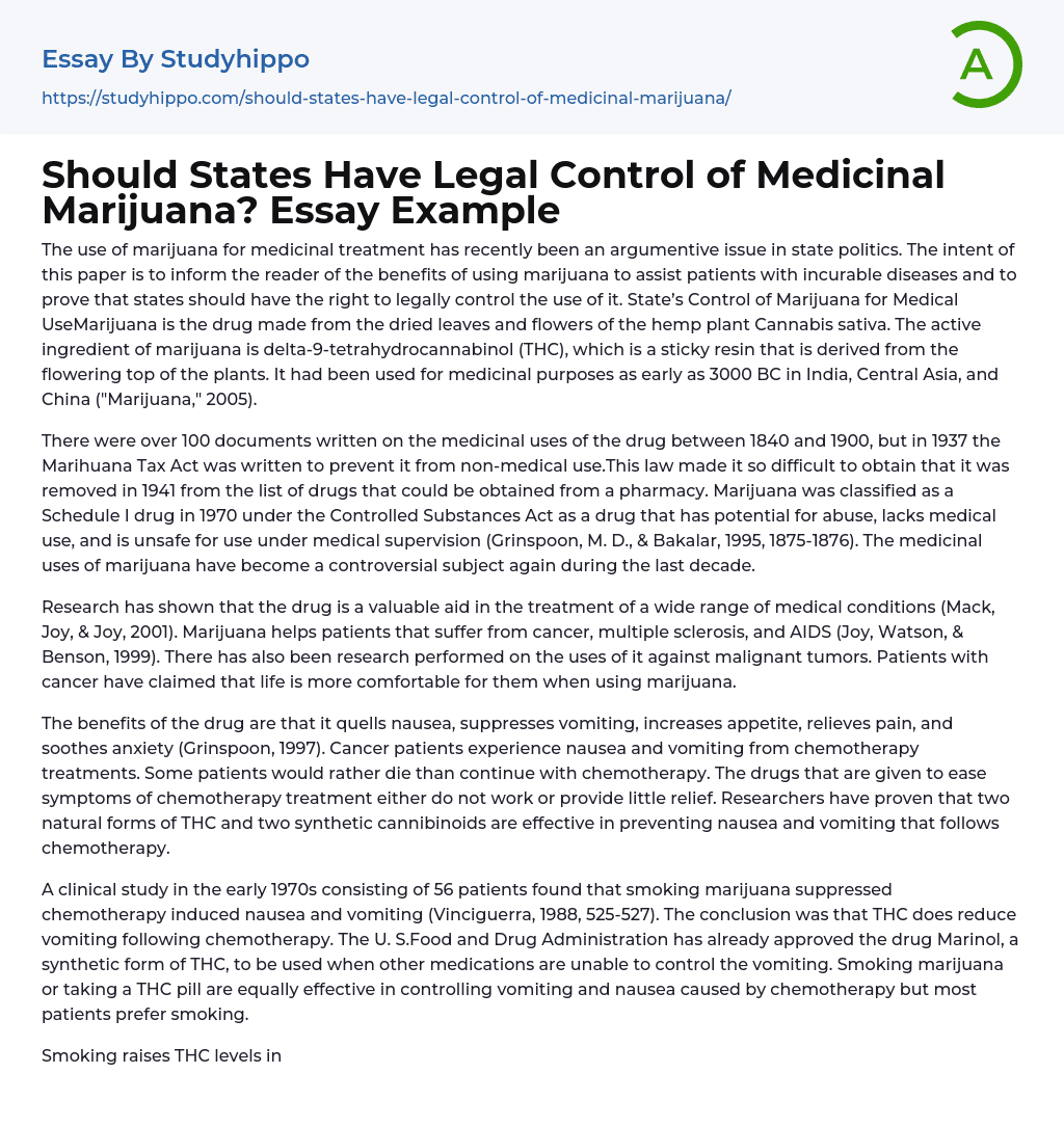 Should States Have Legal Control of Medicinal Marijuana? Essay Example