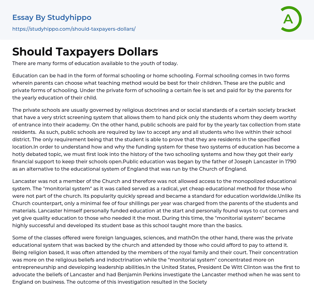 Should Taxpayers Dollars Essay Example