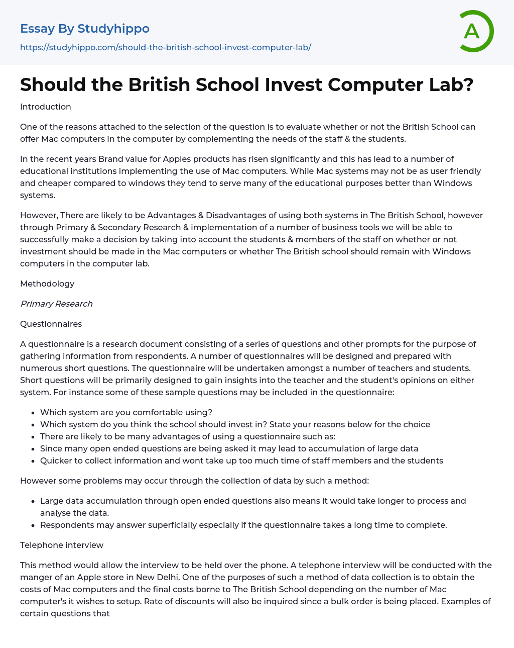 Should the British School Invest Computer Lab? Essay Example