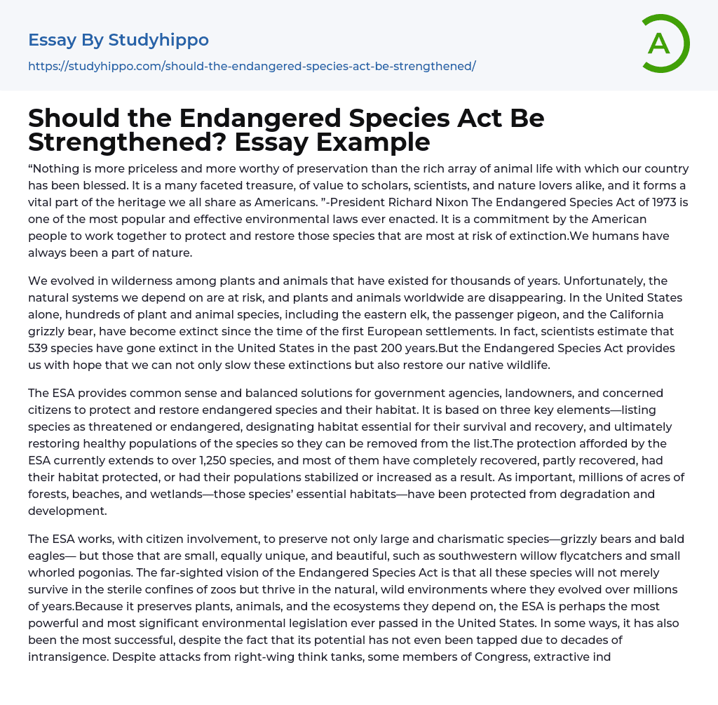 Should the Endangered Species Act Be Strengthened? Essay Example