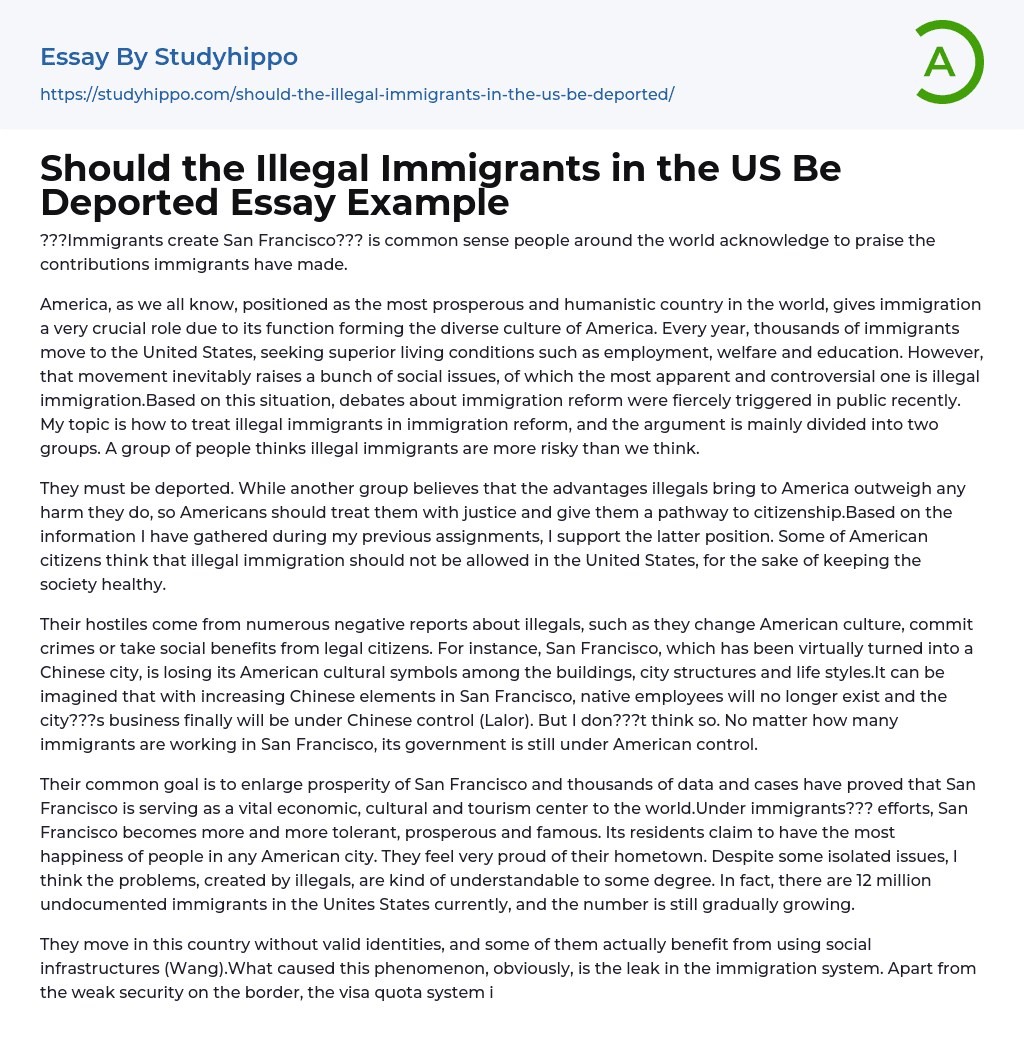Should the Illegal Immigrants in the US Be Deported Essay Example