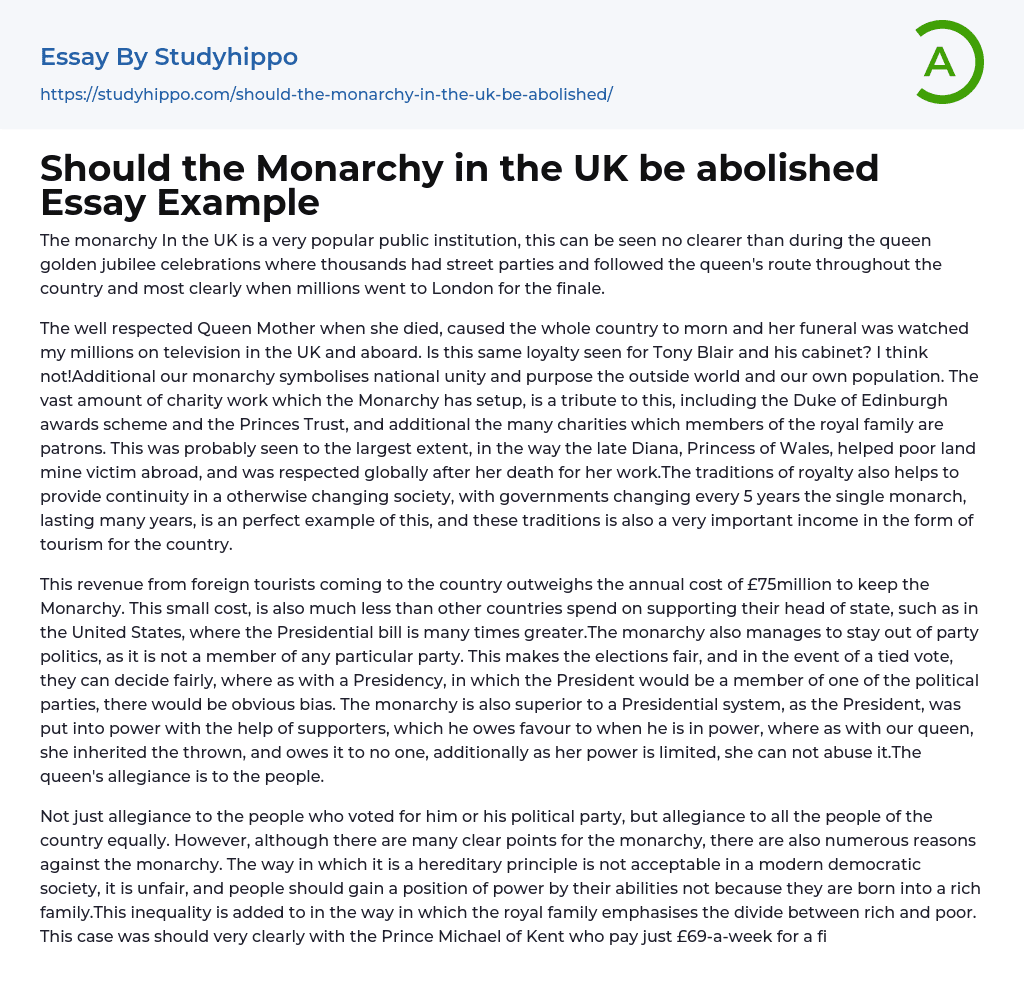 Should the Monarchy in the UK be abolished Essay Example