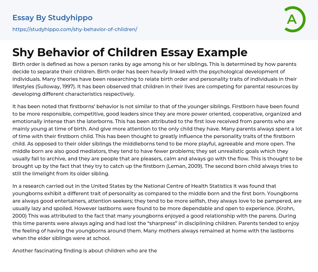 Shy Behavior of Children Essay Example