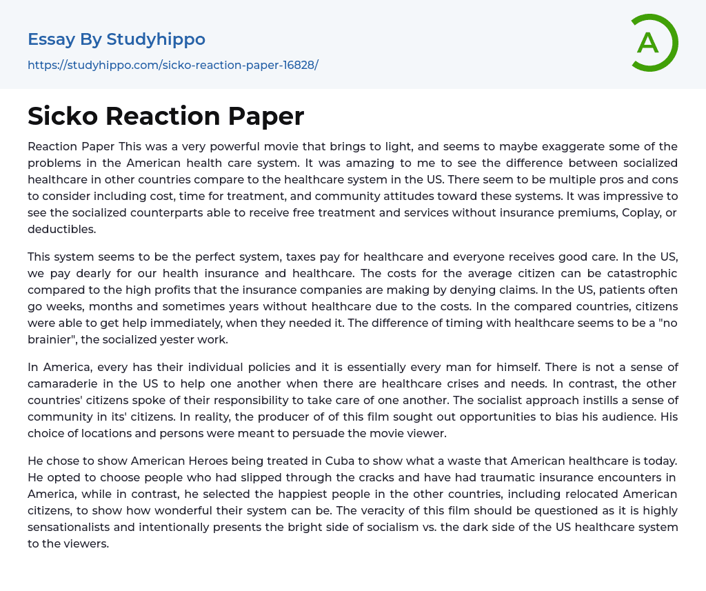 Sicko Reaction Paper Essay Example