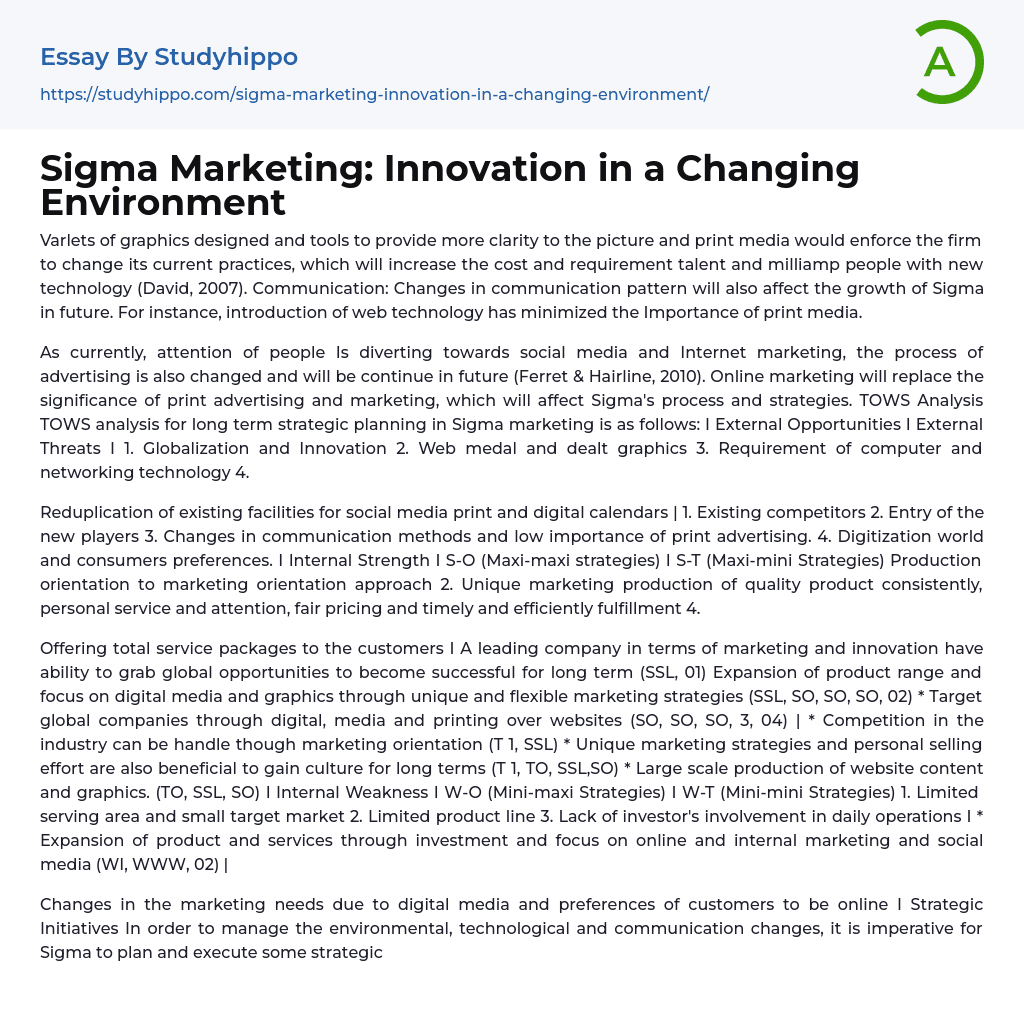 Sigma Marketing: Innovation in a Changing Environment Essay Example