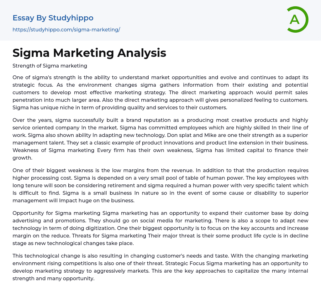 Sigma Marketing Analysis Essay Example